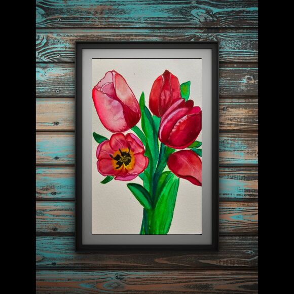 Tulips Watercolor Flowers Tulip Painting Colorful Original Art Gift Idea 6x8.5 - Picture 2 of 6